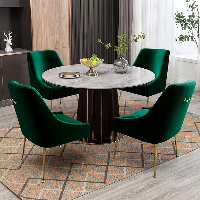 Modern Velvet Dining Chairs Set of 2, Contemporary Upholstered Furniture Collection with Polished Gold Metal Legs, Elegant Accent Chairs for Kitchen Living Room(Green)