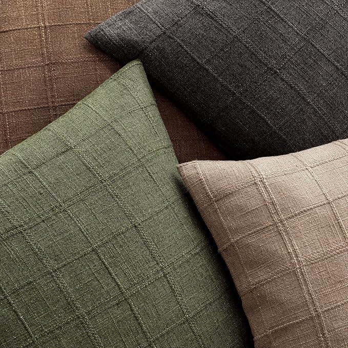Foindtower Set of 2 Decorative Linen Check Throw Pillow Covers Neutral Farmhouse Vintage Cushion Covers Modern Boho Home Decor for Sofa Chair Couch Bedroom Living Room Outdoor,18×18 Inch,Olive Green
