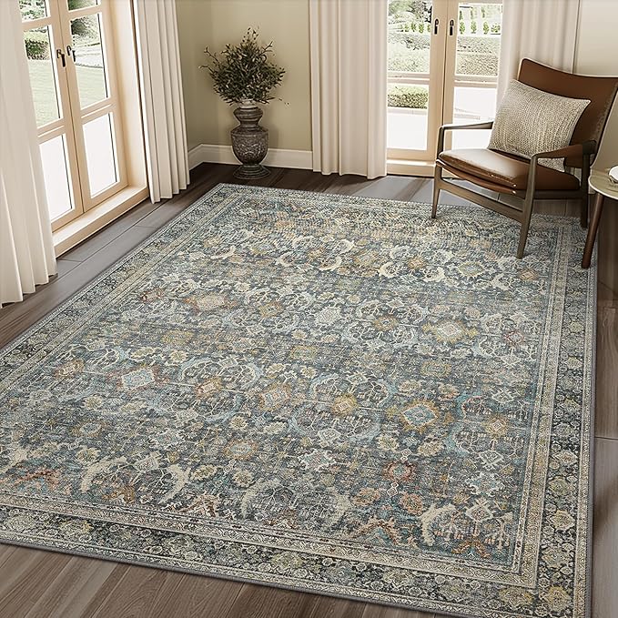 6X9 Area Rugs Machine Washable Rugs for Living Room, Vintage Boho Large Rugs for Bedroom Dining Room, Non Slip Indoor Soft Distressed Lightweight Thin Low Pile Carpet, Terracotta