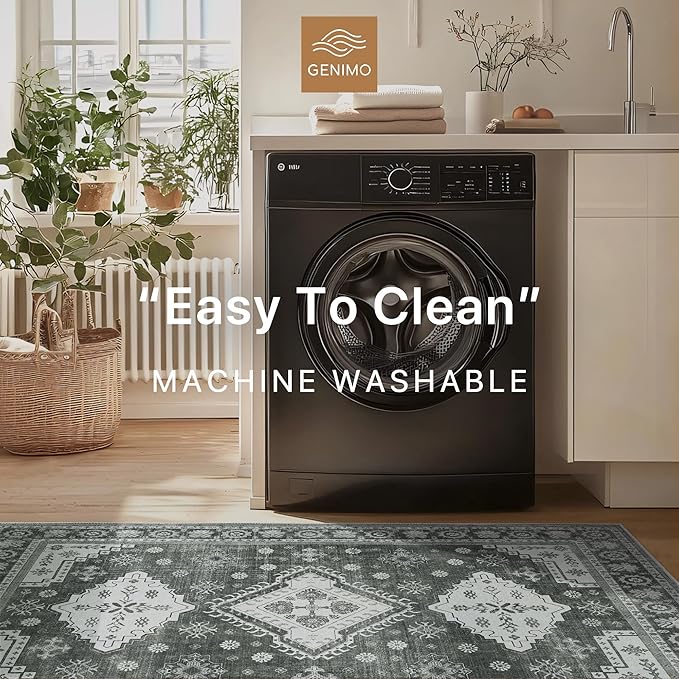 GENIMO Washable Rug 8X10 Area Rugs for Living Room Bedroom, Machine Washable Area Rug, Print Vintage Tribal Aesthetic Carpet, Low Pile Mat with Non Slip Rubber Backing, Distressed Charcoal