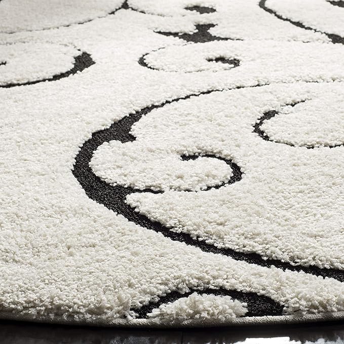 SAFAVIEH Florida Shag Collection 4' Round Ivory / Black SG455 Scrolling Vine Graceful Swirl Textured Non-Shedding Living Room Bedroom Dining Room Entryway Plush 1.2-inch Thick Area Rug