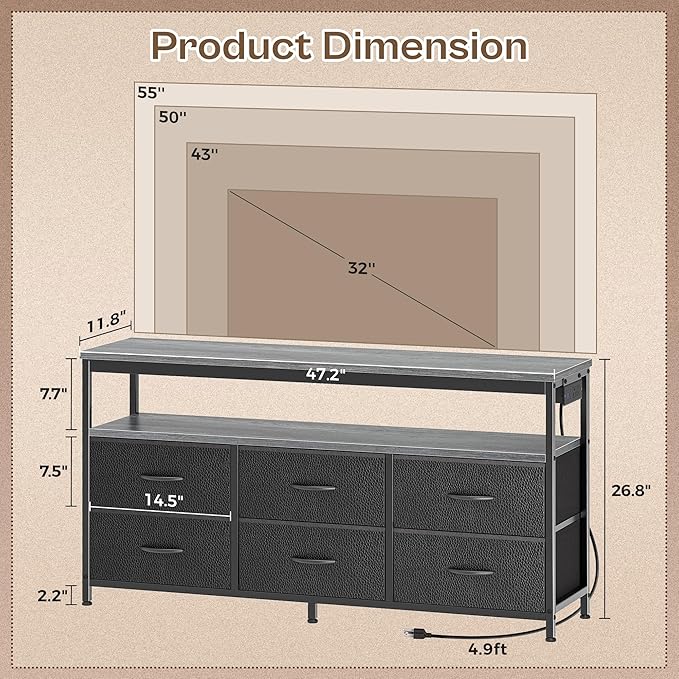 Huuger LED TV Stand for Bedroom, 47 Inch Dresser TV Stand for 43, 50, 55 Inch TV, Grey Black TV Stand with Storage, Entertainment Center with Power Outlets, 6 Drawer Fabric Dresser for Living Room