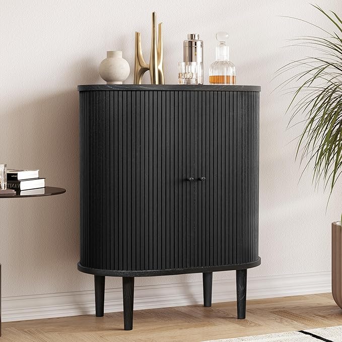 WERMO 28'' Black Bar Cabinet with Storage and Shelves - Coffee and Wine Bar Black Cabinet with Doors, Small Liquor Dining Room Sideboard, Narrow Living Room Credenza, Coffee Station (Black Oak)