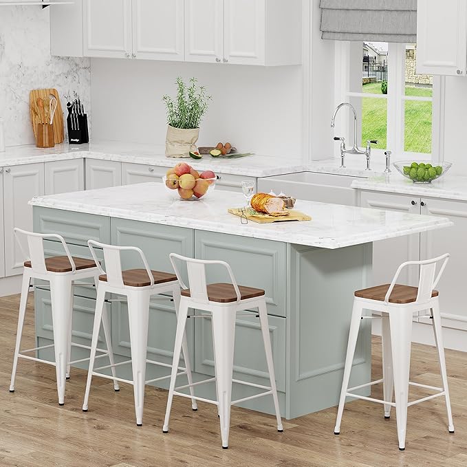 Yongchuang 26 inch Bar Stools Set of 4 Kitchen Counter Height Chairs with Wood Seat Industrial Low Back Metal Barstools Cream White