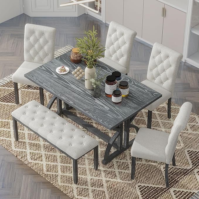 Ball & Cast 6-Piece Dining Table Set, 60" Rectangular Dining Table with 4 Upholstered Chairs & 1 Bench for Dining Room and Kitchen Gray Wash