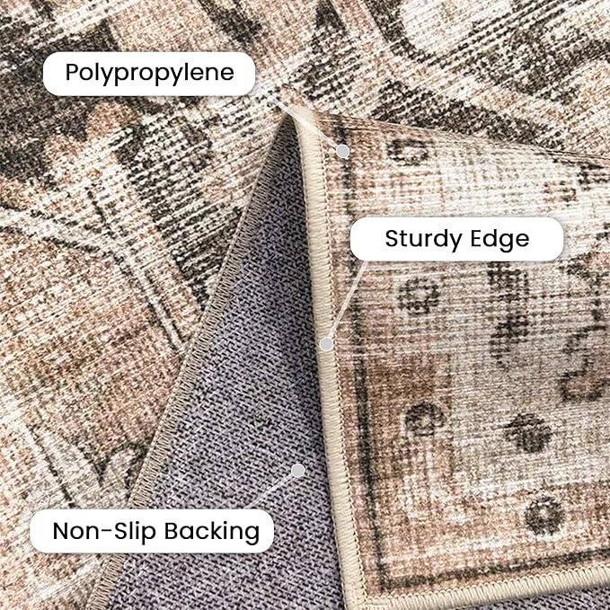 GENIMO 10x14 Area Rugs for Living Room, Machine Washable Non Slip Vintage Retro Rugs, Low Pile Lightweight Thin Print Rug for Bedroom, Dining Room, Home Office, Brownishi Drab