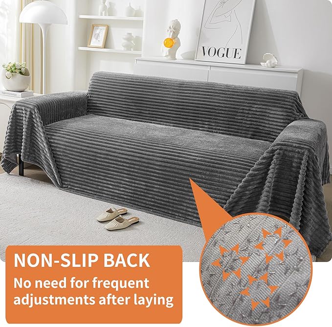 HAOMAIJIA Faux Fur Sofa Covers Couch Covers for 3 Cushion Couch Sofa Pet Friendly Soft Non Slip Couch Cover for Dogs Washable Sectional Couch Covers L Shape Furniture Protector (Grey, 91"x134")