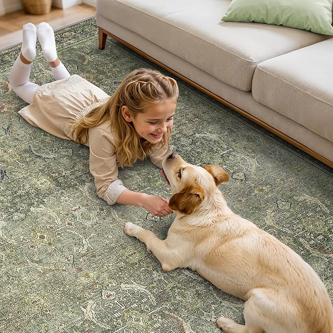 8X10 Area Rugs Machine Washable Rugs for Living Room, Vintage Boho Large Rugs for Bedroom Dining Room, Non Slip Indoor Soft Distressed Lightweight Thin Low Pile Carpet, Green