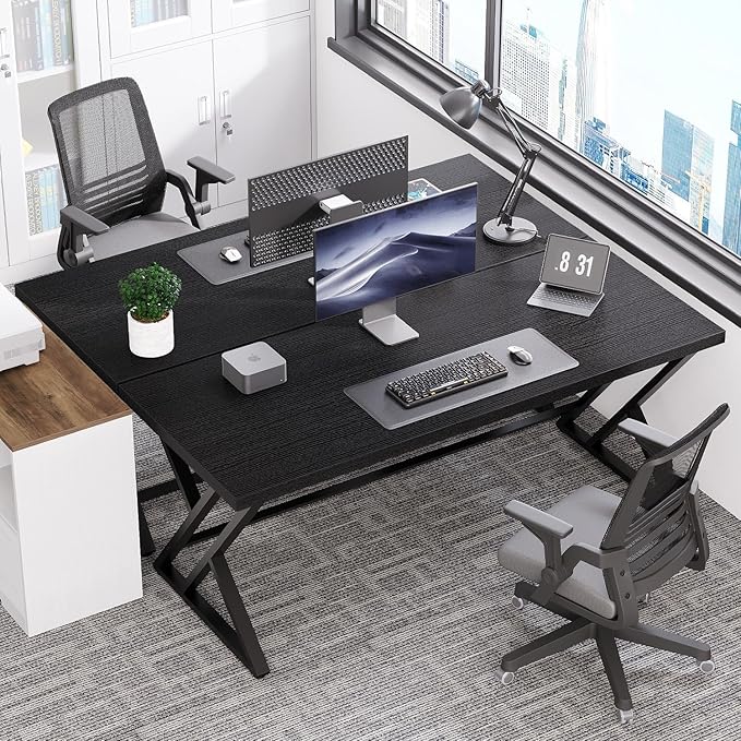 LVB Modern Black Computer Desk, Long Industrial Home Office Desk for Student, Large Metal Wood Writing Study Computer Table, Farmhouse Executive Simple Gaming PC Work Desk for Bedroom, Black, 60 Inch