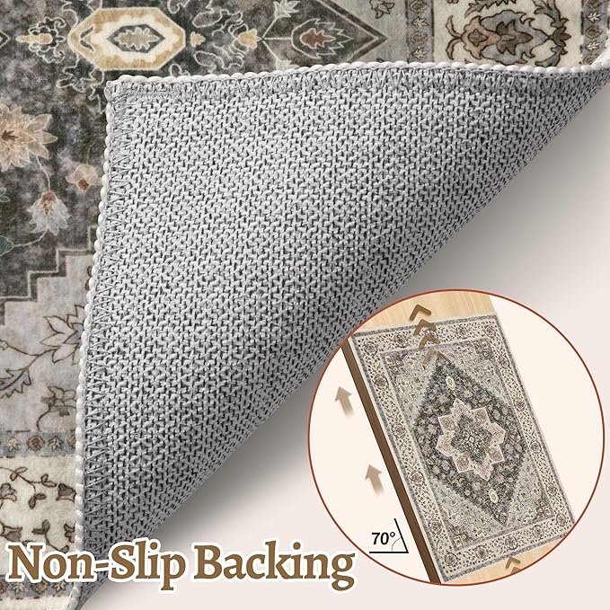 Tangsoo 3x5 Area Rug Vintage Washable Rugs Non Slip, Farmhouse Rugs Indoor Accent Rug Print Distressed Brown Grey Carpet, Soft Low Pile Rug for Living Room Bedside Entryway Bedroom