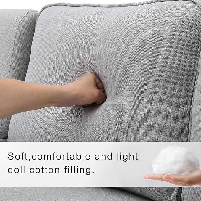 114.2" Linen Upholstered Sofa with Console and 2 USB Ports Wired or Wirelessly Charged,Modern 4-Seat Couches W/ 4 Pillows and Two Cupholders,for Living Room,Apartment,Light Gray
