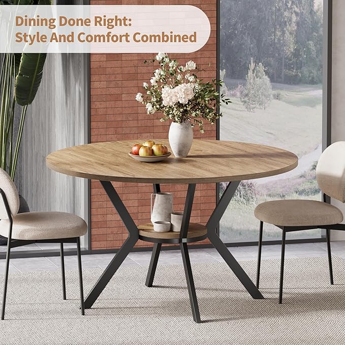 Round Dining Table for 4, 42 Inch Farmhouse Kitchen Table with Storage, Rustic Wooden Circle Dinner Pedestal Table with Metal Legs, Space Saving Kitchen & Dining Room Furniture, Natural Wood