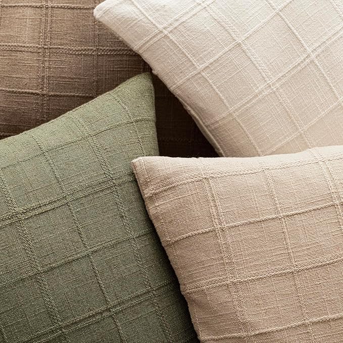 Foindtower Set of 2 Decorative Linen Check Throw Pillow Covers Neutral Farmhouse Vintage Cushion Covers Modern Boho Home Decor for Sofa Chair Couch Bedroom Living Room Outdoor,20×20 Inch,Sage Green