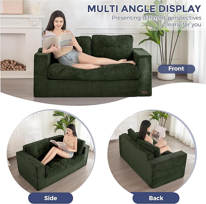 MAXYOYO Bean Bag Chair for Adults, Upholstered Floor Sofa with Armrests, Loveseat Boneless Couch with Tufted Cushion & Backrest, Sofa in A Box, Large Bean Bag Couch for Bedroom Living Room, Green