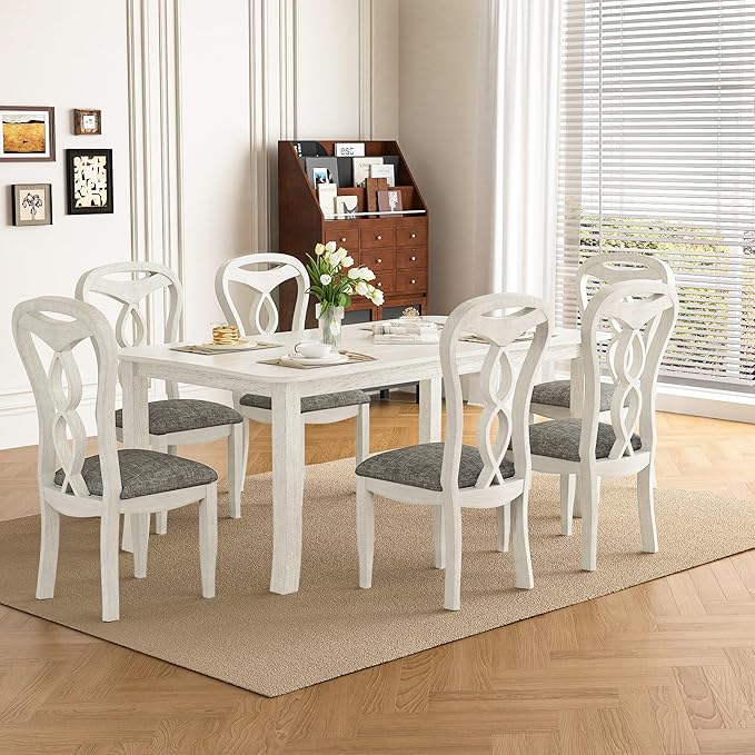 Solid Wood Dining Chair Set of 6, Kitchen Dining Room Chair with Upholstered Cushion & Wooden Legs, Modern Wood Side Chairs for for Kitchen, Washed Gray