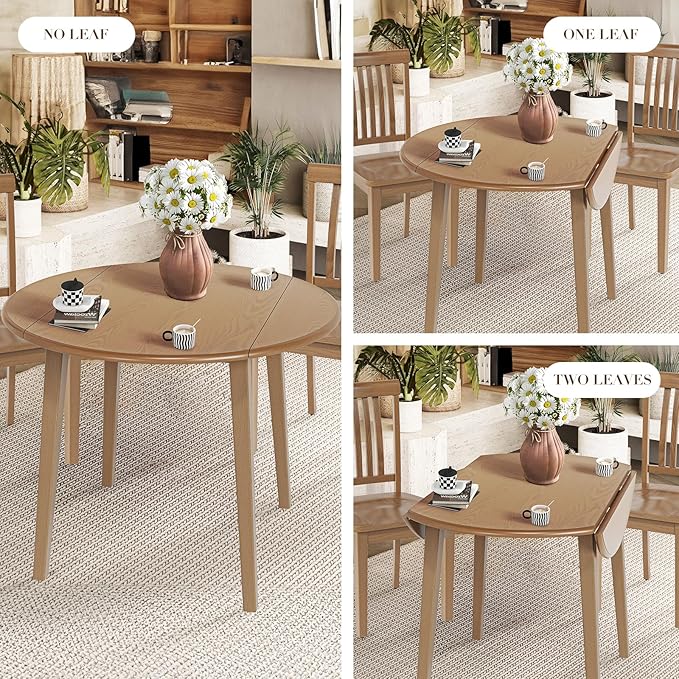 COLAMY 5-Piece Extendable Dining Table Set for 4, 36" Kitchen Round Wood Table with 4 Nailhead Dining Room Chairs,Light Brown/Light Grey