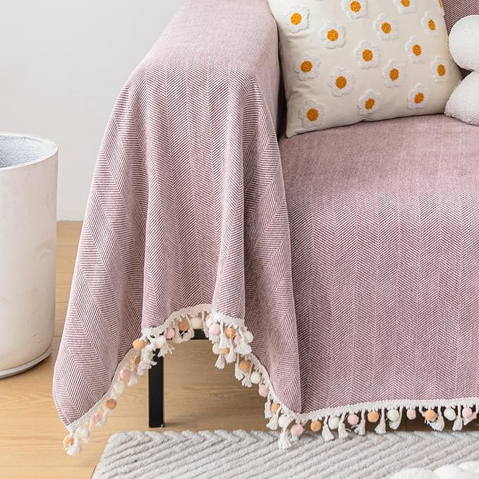 HANDONTIME Soild Couch Covers for Dogs Pink-Purple Sofa Covers Boho Cover for Sofa 3 Seats Chenille Sofa Throw Cover Mauve Sofa Covers for 3 Cushion Couch Tassel,Washable, Pet Friendly, 71" X134"