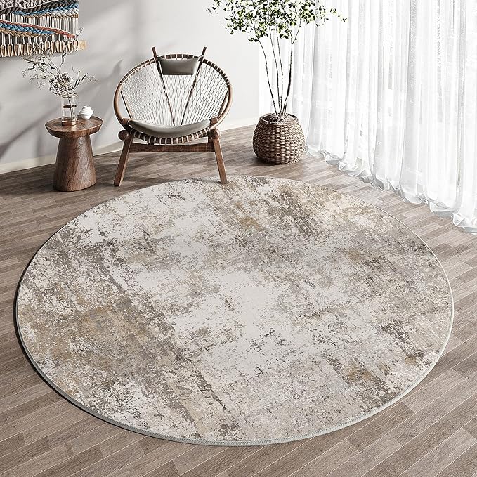 6x6 Washable Round Rug Brown Grey Neutral Abstract Living Room Bedroom Area Rug Non Slip Soft Low Pile Indoor Floor Carpet for Office Dining Room Kitchen Entryway