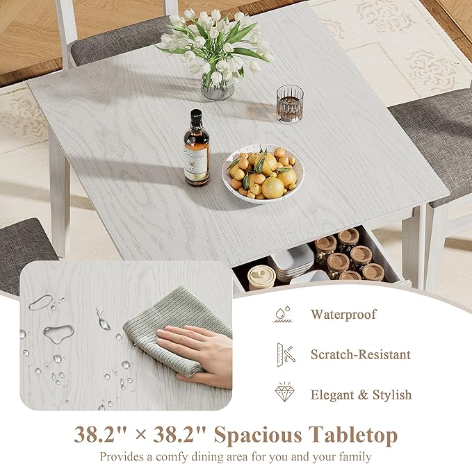 5-Piece Square Dining Table Set for 4, 38.2'' Solid Wood Kitchen Table with 4 Upholstered Chairs & 2 Drawers for Dining Room, Kitchen, Small Space, Washed Gray
