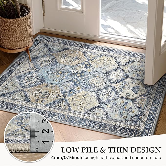 GENIMO 5x7 Area Rugs for Living Room, Machine Washable Non Slip Vintage Rugs, Low Pile Lightweight Chenille Print Rug for Bedroom, Dining Room, Home Office, Brown Blue