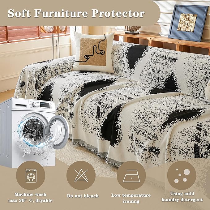 MYSKY HOME Boho Couch Cover for Dogs Washable Black Rhombic Couch Sofa Protector for Loveseat Sofa with Pets Friendly Chenille Geometric Sofa Covers Soft Durable Farmhouse Sofa Slipcovers, 71" X102"