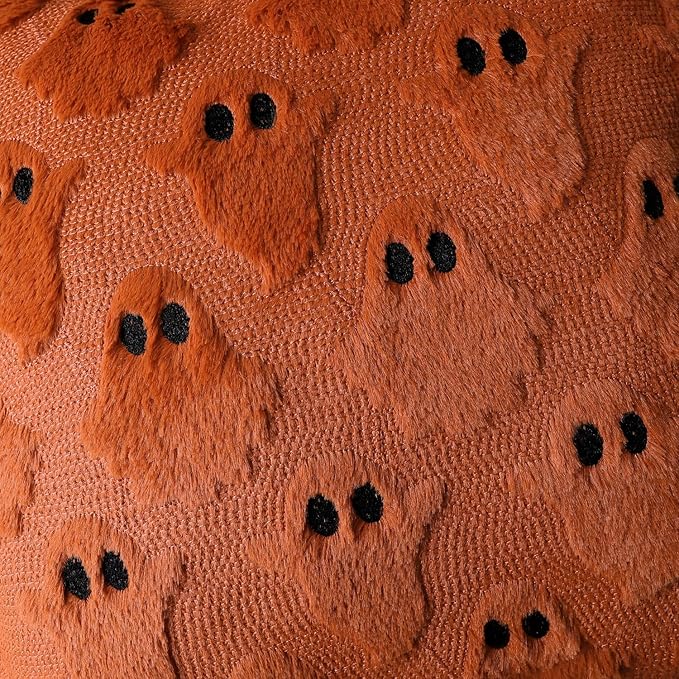 4TH Emotion Halloween Ghost Decorative Pillow Covers 20x20 Set of 2, Rust Red Soft Plush Faux Fur Farmhouse Throw Cushion Cases for Fall Autumn Holiday Home Decorations