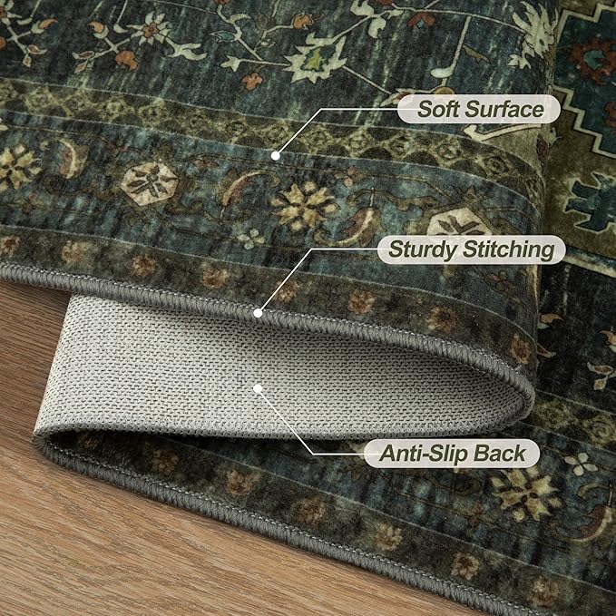Tangsoo 5x7 Area Rug Washable Rug for Living Room, Vintage Indoor Non Slip Large Area Rugs, Print Distressed Rust Carpet, Soft Low Pile Foldable Floor Rug for Bedroom Dining Room Dorm Olive Green