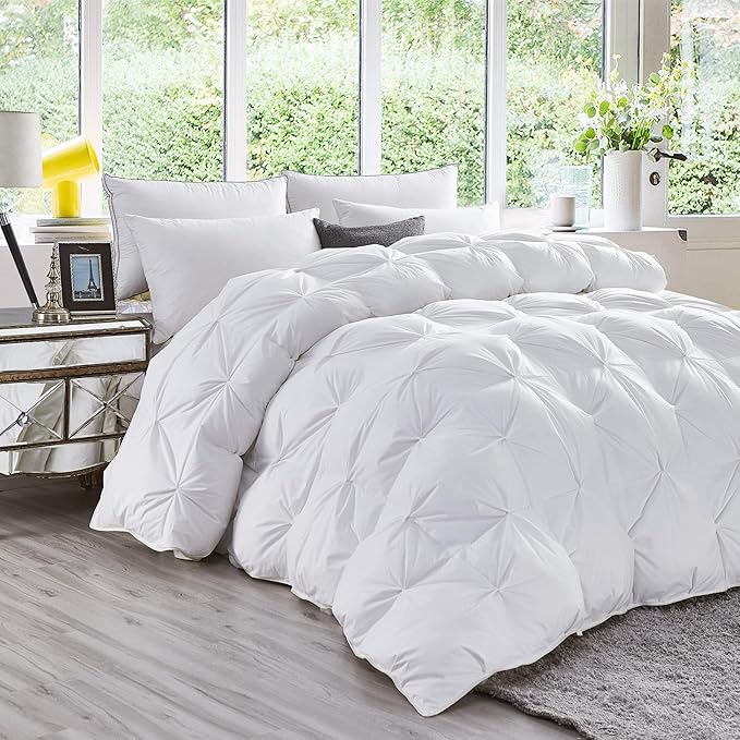 Luxurious All-Season Goose Down Fiber Waterfowl Feather Fiber Comforter King Size Duvet Insert, Exquisite Pinch Pleat Design, Premium Baffle Box, 100% Cotton Cover, 65 oz. Fill Weight, White Color