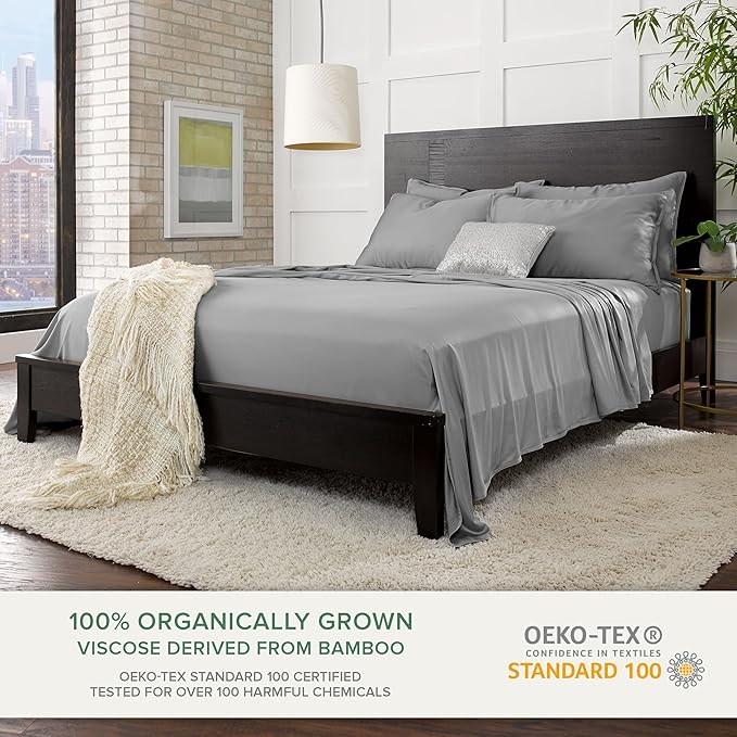 King Sheets by Pure Bamboo, Genuine 100% Organic Viscose Derived from Bamboo Bed Sheet Set, Luxuriously Soft & Cooling, Double Stitching, Lifetime Quality Promise (King, Stone Grey)