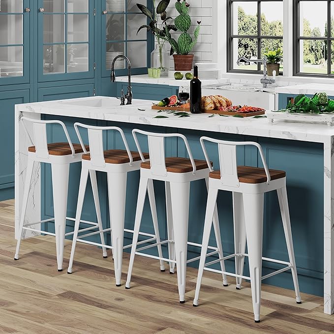 WENTMENT Bar Stools Set of 4 Counter Height Metal Barstools with Removable Back 30" Kitchen Bar Stools with Wooden Seat, White