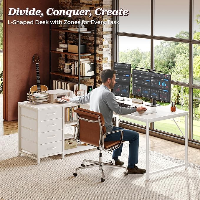 PRAISUN 53" L Shaped Desk with Power Outlets and USB-C Port, Reversible Computer Corner Office Desk with 4 Fabric Drawers and 2 Height-Adjustable Shelves, Large for Gaming Writing Work Study, White