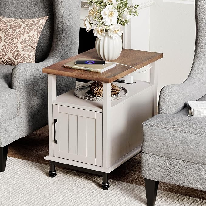 WAMPAT Narrow End Table with Charging Station, Farmhouse Side Table with Open Storage & Storage Cabinet for Living Room, Wooden Nightstand for Bedroom with Metal Legs, White/Oak