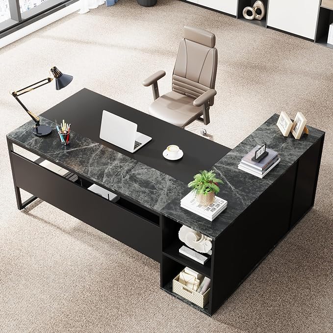 Tribesigns 71 inch Executive Desk, L Shaped Desk with Cabinet Storage, Executive Office Desk with Shelves, Business Furniture Set Workstation for Home Office, Black