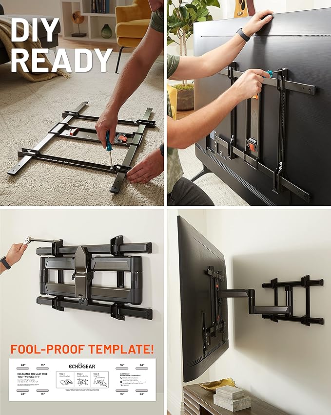 ECHOGEAR XL Full Motion TV Wall Mount - Universal Bracket for Big TVs Up to 90" - Smooth Articualtion Plus Easy 3 Step Install with Pre-Assembled TV Interface - Ideal for OLED & QLED TVs