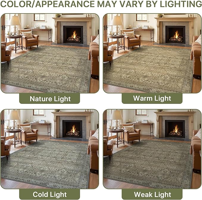 9X12 Area Rugs Machine Washable Rugs for Living Room, Vintage Boho Large Rugs for Bedroom Dining Room, Non Slip Indoor Soft Distressed Lightweight Thin Low Pile Carpet, Muted Sage