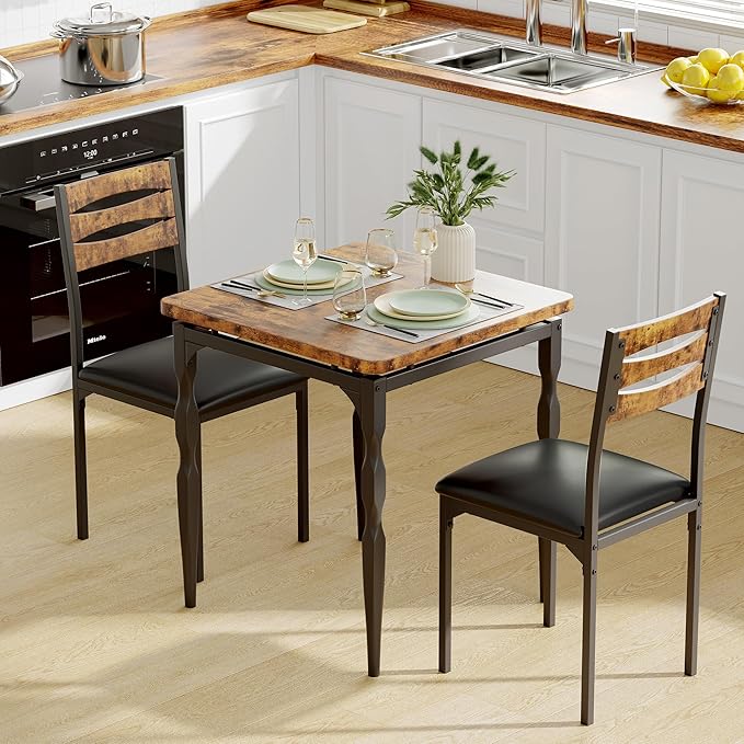 GarveeHome Dining Table Set for 2, Dining Table and Chairs Set of 2, 3 Piece Dining Table Set with Spiral Table Legs for Small Spaces, Kitchen, Apartment, Brown