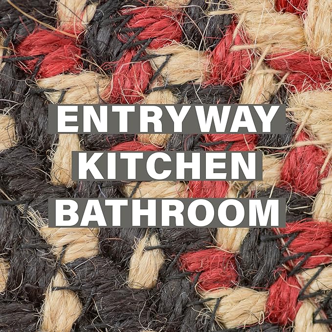 Homespice Gloucester Jute Braided Rug 27x45in Rect Black-Tan-Red Natural Jute Rug. Uses- Indoor Entryway, Kitchen Rug, Bedroom Doorway Reversible, Rustic, Country, Primitive, Farmhouse Decor