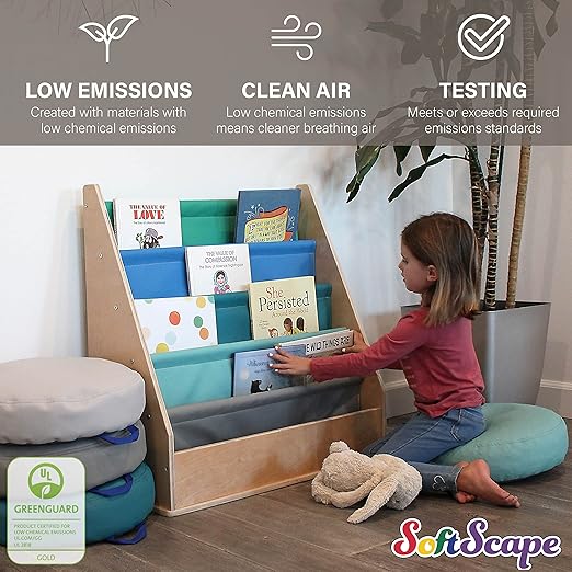 Factory Direct Partners 13745-NVPB Birch SoftScape Sling Book Display, 4-Shelf Vinyl Storage for Kid"s Books and Magazines for Bedroom, Playroom, Daycare, Preschool or Classroom - Navy/Powder Blue