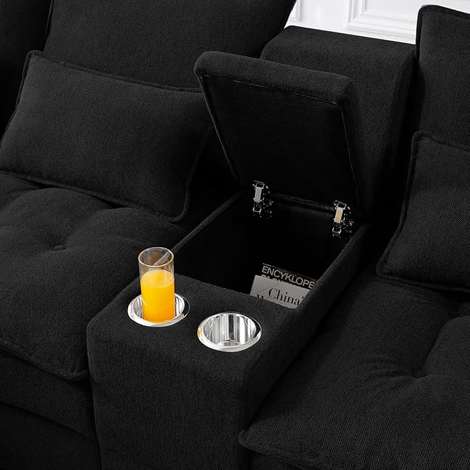 KEIKI 130" U-Shaped 6 seat Sofa with Storage Console, Cup Holders, Upholstered Sectional Sofa, Button Tufted Cloud Cushion Couch for Home, Office, Apartment, Black