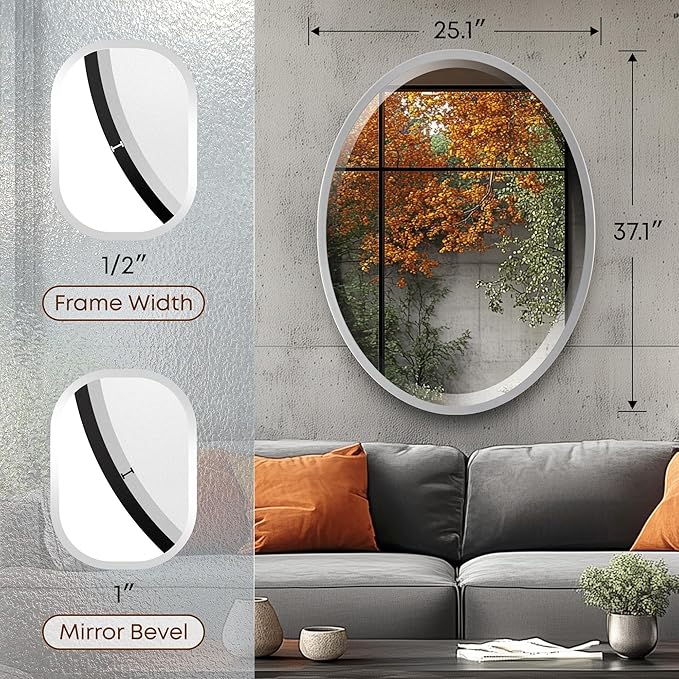 OVALCREST - Oval Wooden Beveled Wall Mirror for Home Decor, Bathroom, Vanity, Bedroom, Living Room, Hallway - London Style (Silver Spray) 25.1 x 37.1