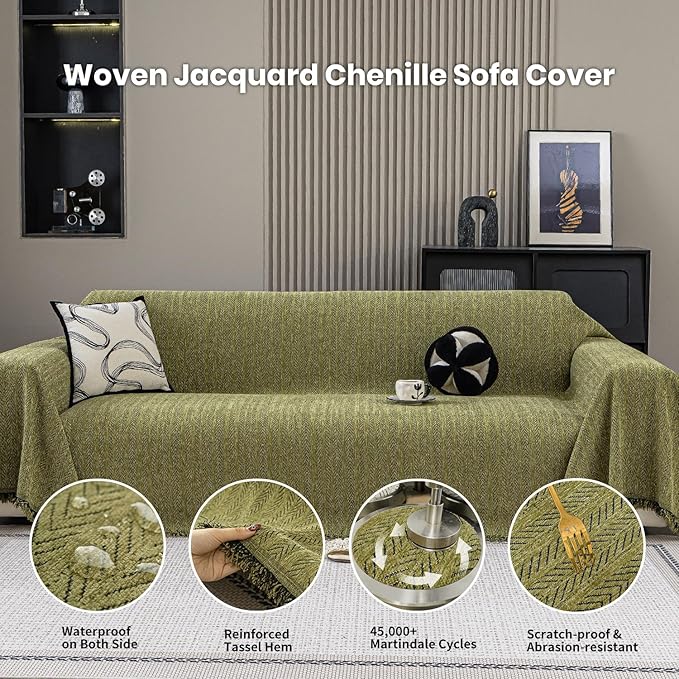 Nobildonna Sofa Cover Washable Soft Thicken Chenille Couch Cover with Tassel,Waterproof Sofa Slipcover for 3-4 Cushion Couch,Sectional Sofa,L-Shaped Furniture Protector Pet-Friendly,Green 91"x150"
