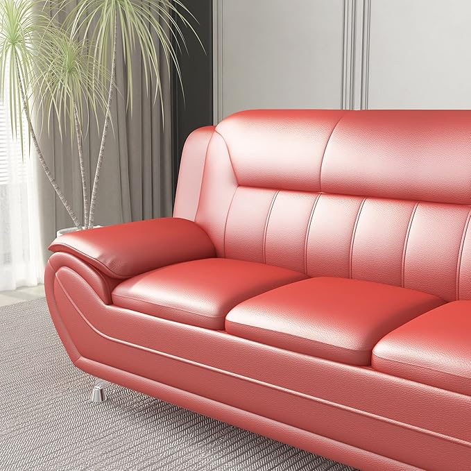 Container Furniture Direct Michael Modern Faux Leather Upholstered Stainless Steel Legs Living Room Sofa, Red