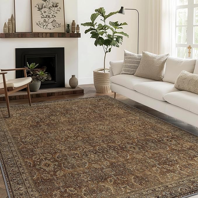 9X12 Area Rugs Machine Washable Rugs for Living Room, Vintage Boho Large Rugs for Bedroom Dining Room, Non Slip Indoor Soft Distressed Lightweight Thin Low Pile Carpet, Rustic Brown