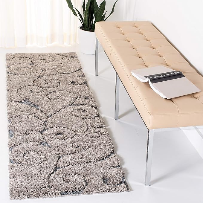 SAFAVIEH Florida Shag Collection Runner Rug - 2'3" x 17', Grey & Light Blue, Scroll Design, Non-Shedding & Easy Care, 1.2-inch Thick Ideal for High Traffic Areas in Living Room, Bedroom (SG455-1160)