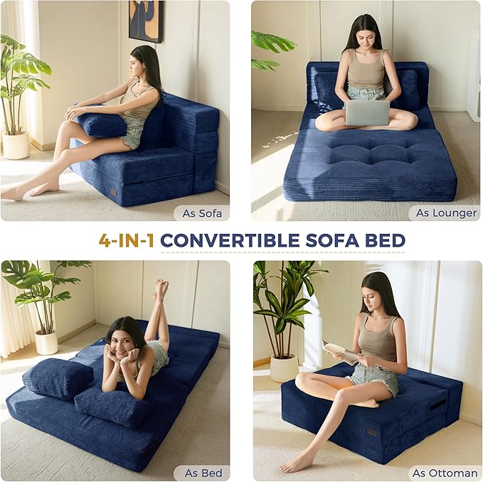 MAXYOYO Convertible Sofa Bed, Fold Out Loveseat Sleeper Sofa with Pillow, 4 in 1 Tufted Folding Couch Bed Foam Floor Couch, Lazy Chair for Living Room Bedroom Guest Room, Navy