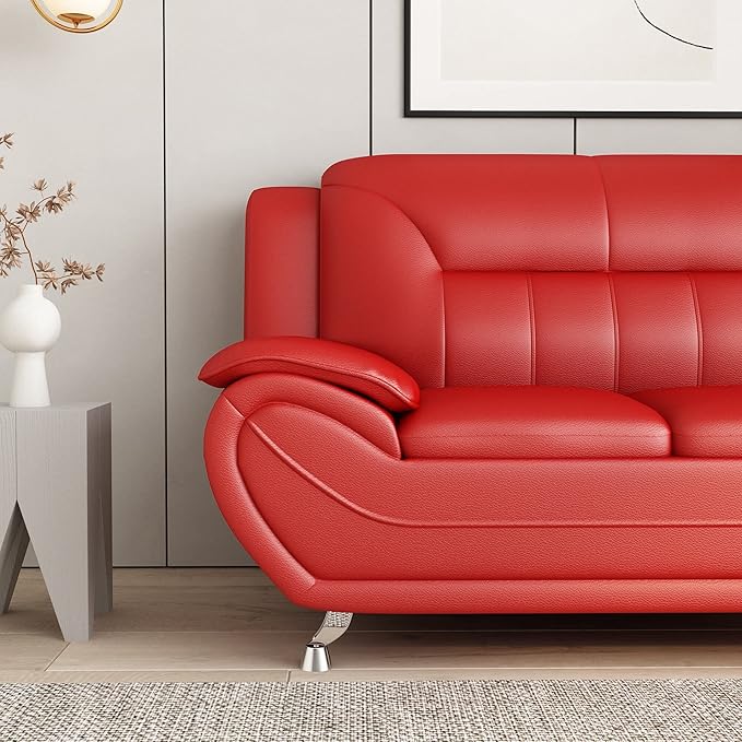 Container Furniture Direct Michael Modern Faux Leather Upholstered Stainless Steel Legs Living Room Loveseat, Red