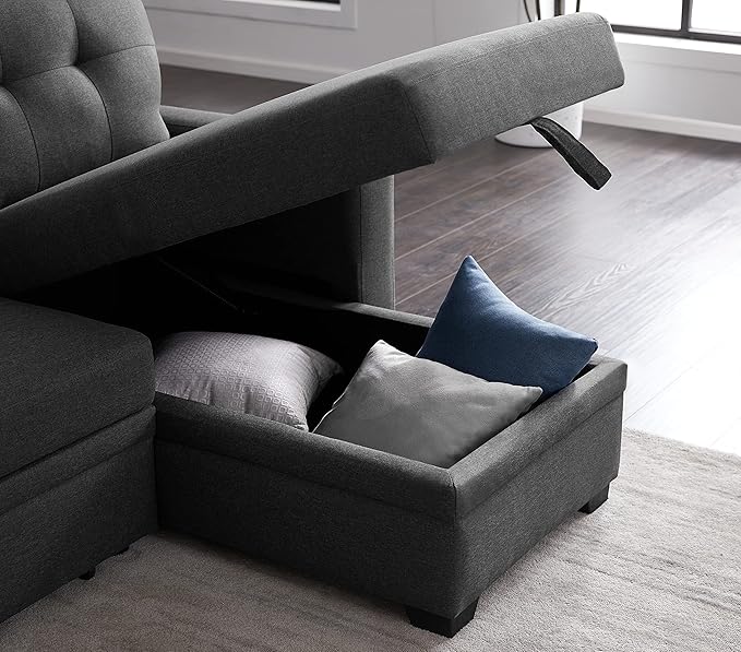 Devion Furniture Meridian 4-in-1 Convertible L Shaped Couch with Pull Out Bed and Storage, Sectional Sleeper Sofa with Reversible Chaise for Living Room, Apartment, Bedroom, Office
