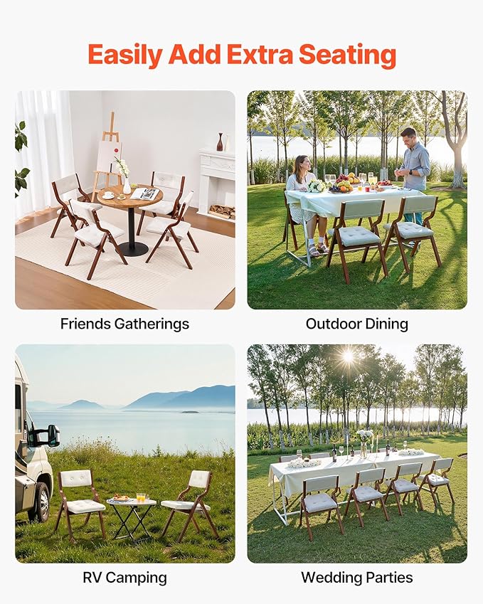 VEVOR Wooden Folding Chairs with Cushion, Set of 4, Portable Foldable Cushion Chair with Wooden Frame, Modern Padded Dining Chair for Kitchen, Office, Wedding, Party, Dining Room, Easy Assembly, White
