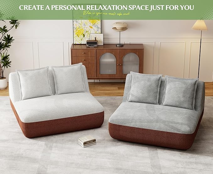 Hobestluk Small Sofa Couch Lounge Sofa Chair for Living Room, Comfy Memory Foam Couch, Mini Sofa with Side Pocket for Living Room, Bedroom (Terracotta+Beige)