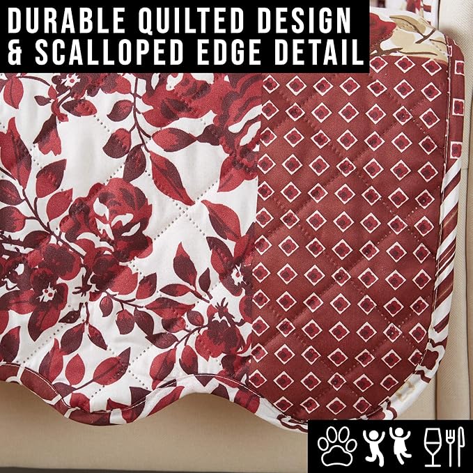 Great Bay Home Patchwork Scalloped Printed Furniture Protector Stain Resistant Loveseat Cover (Loveseat, Burgundy)